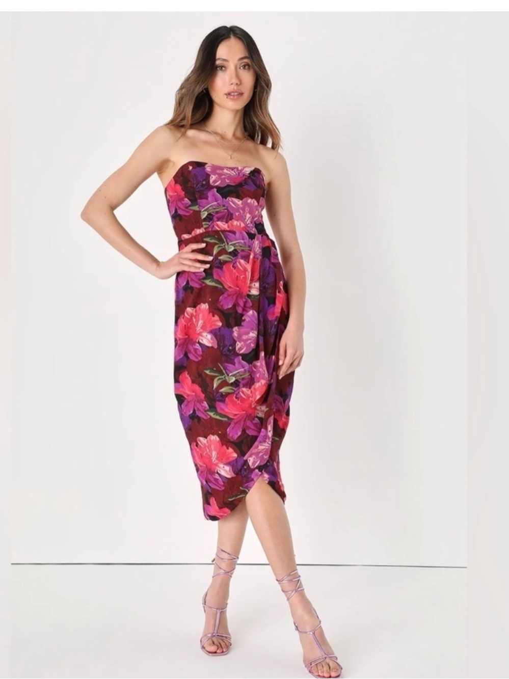 Lulus XS NWT Burgundy Floral Strapless Sweetheart Tulip Midi Dress